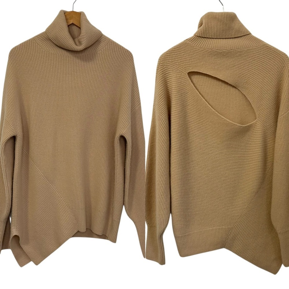A.L.C. Rory Wool Cashmere Ribbed Turtleneck Sweater Sz Medium Tan Asymmetrical